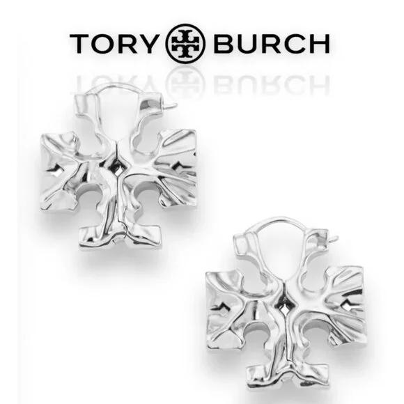 TORY BURCH SILVER LOGO MILLER HOOPS - Picture 1 of 3